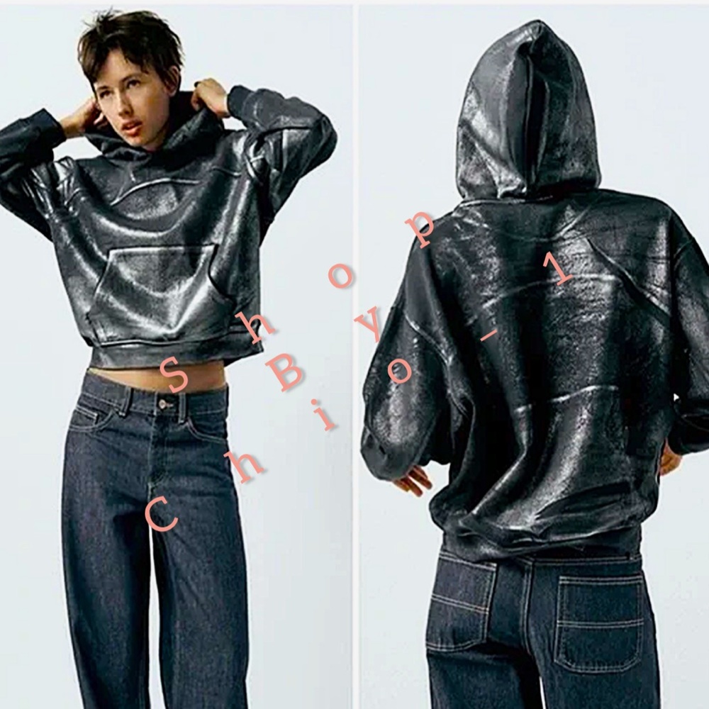 Zara BLACK AND SILVER METALLIC HOODIE SWEATSHIRT 
Long sleeve  blogg favorite